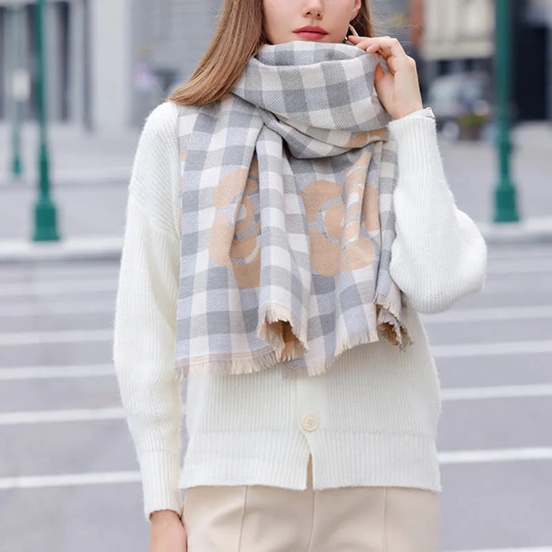 Unisex Large Flower Print Checked Tassel Trim Scarf - Image 8