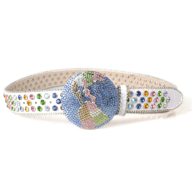 Unisex Large Round Bling Rhinstone Buckle Leather Belt - Image 11