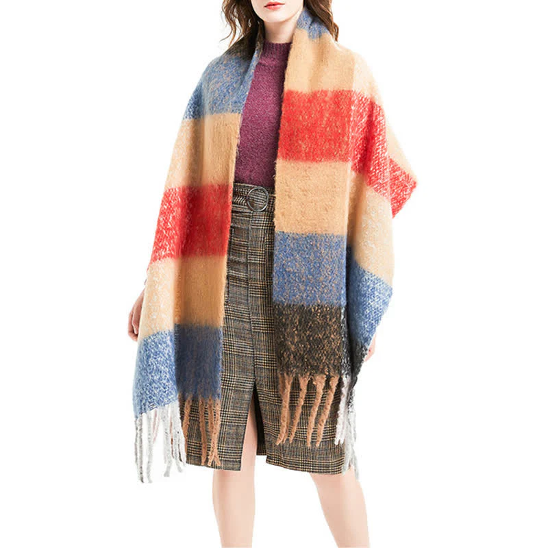Unisex Oversized Color Block Tassels Roving Scarf - Image 4
