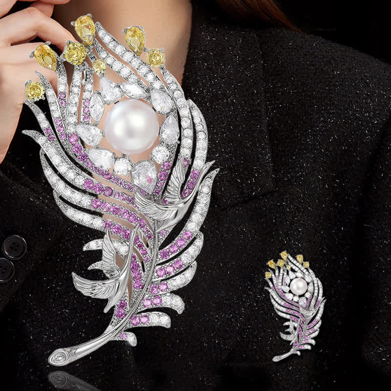 Unisex Pink & Yellow Rhinestone Pearl Feather Shape Brooch - Image 2
