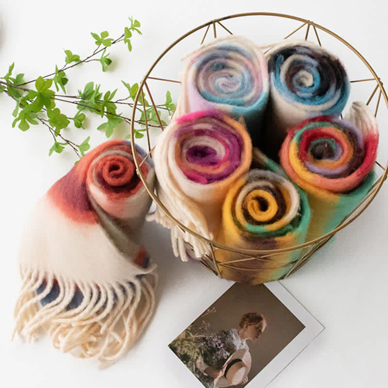 Unisex Rainbow Contrast Color Tassels Mohair Scarf - Image 2