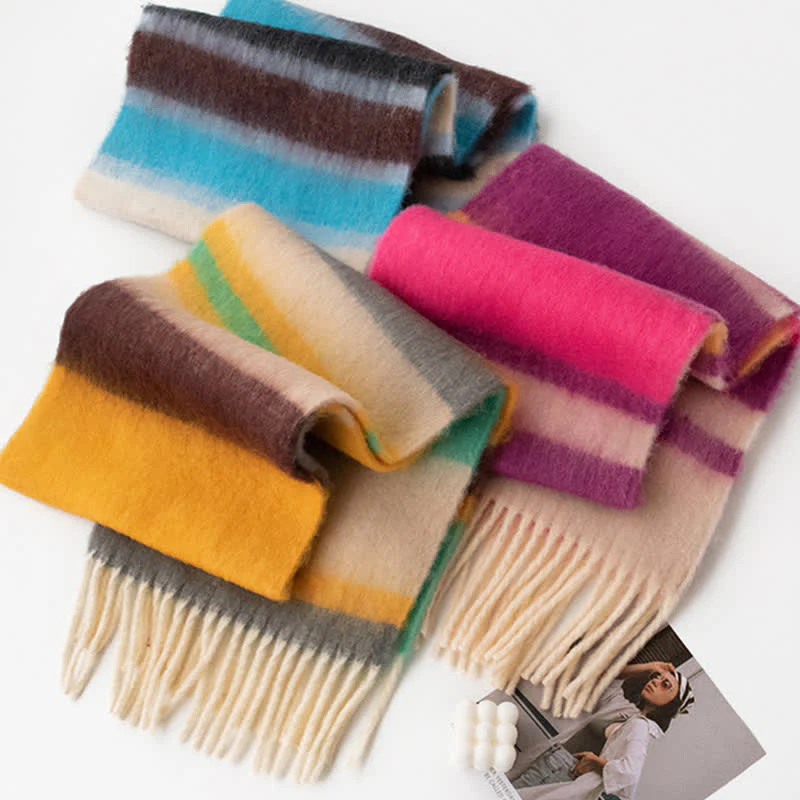 Unisex Rainbow Contrast Color Tassels Mohair Scarf - Image 7