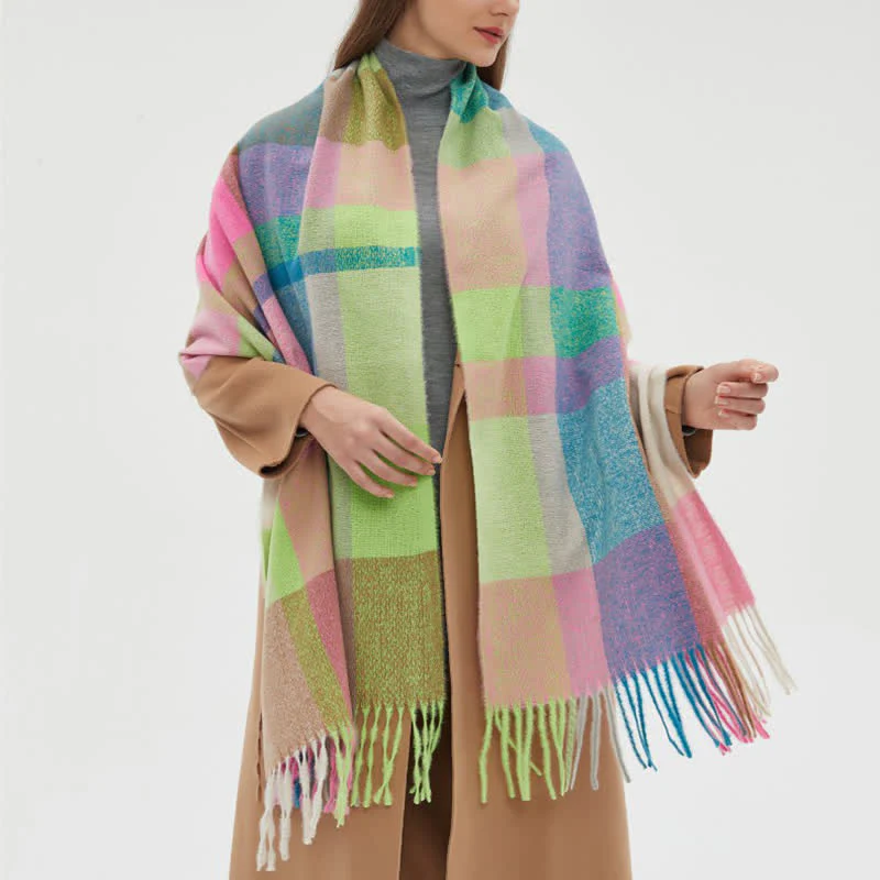 Unisex Rainbow Plaid Thickened Winter Fringe Scarf - Image 3