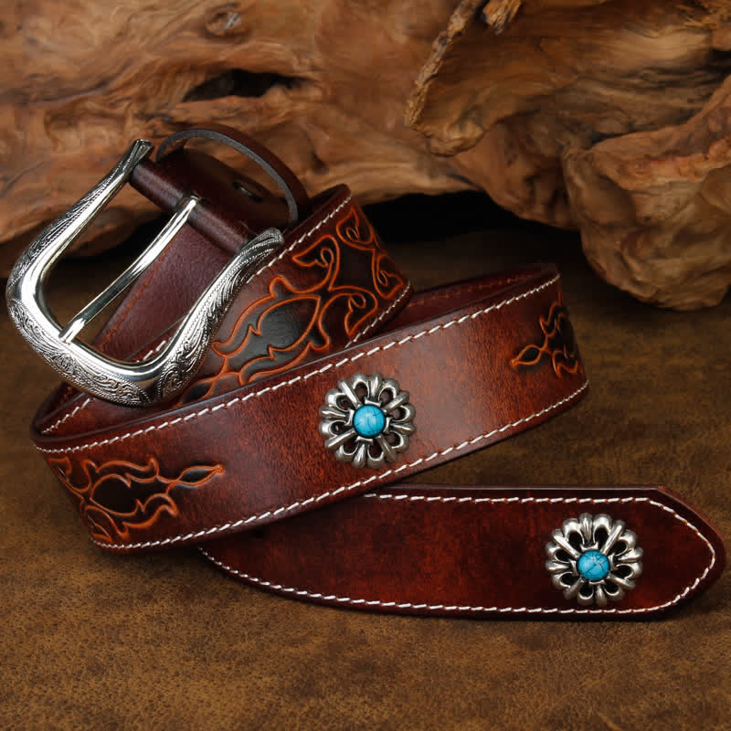 Unisex Retro Brown Turquoise Flower Leather Belt - Image 2