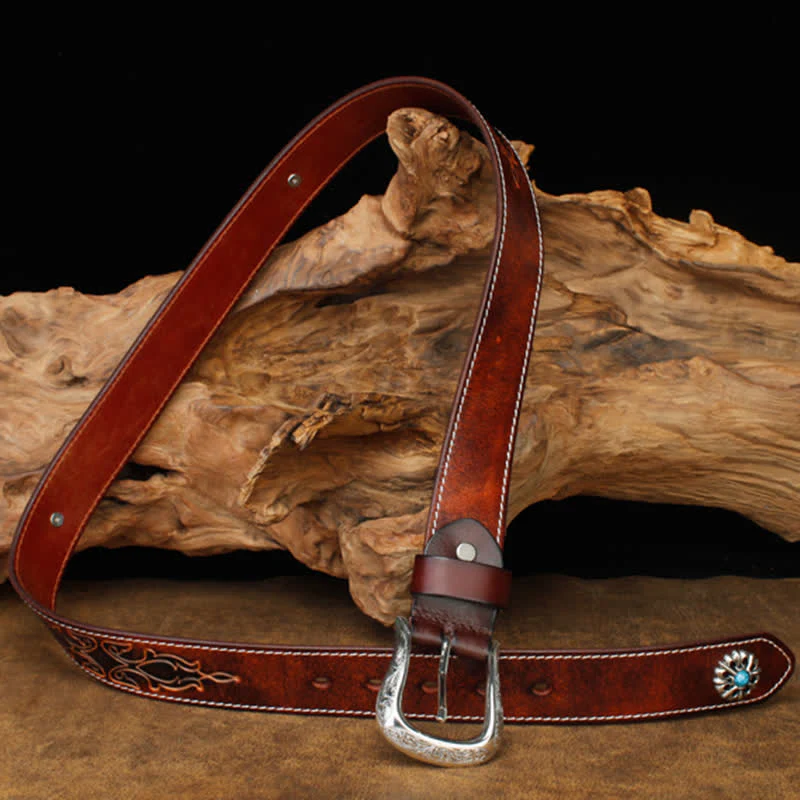 Unisex Retro Brown Turquoise Flower Leather Belt - Image 3