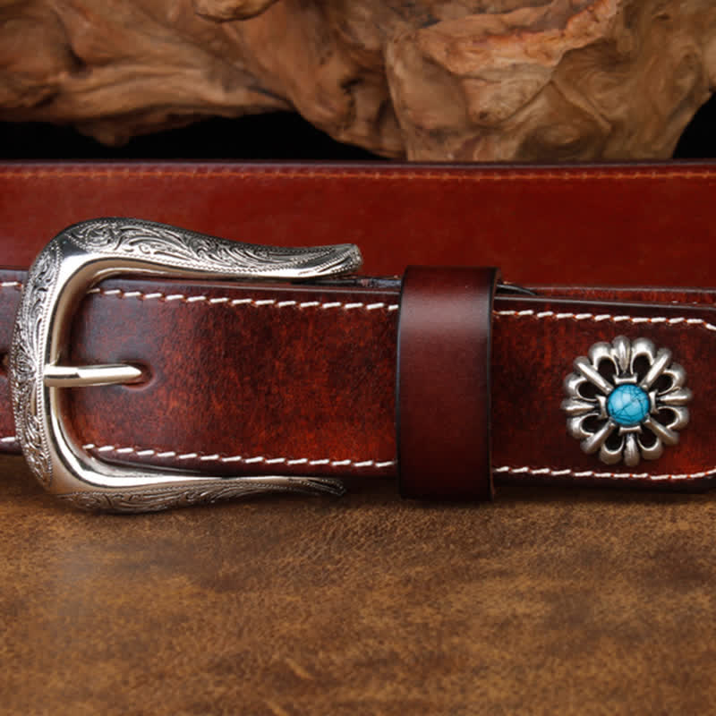 Unisex Retro Brown Turquoise Flower Leather Belt - Image 6