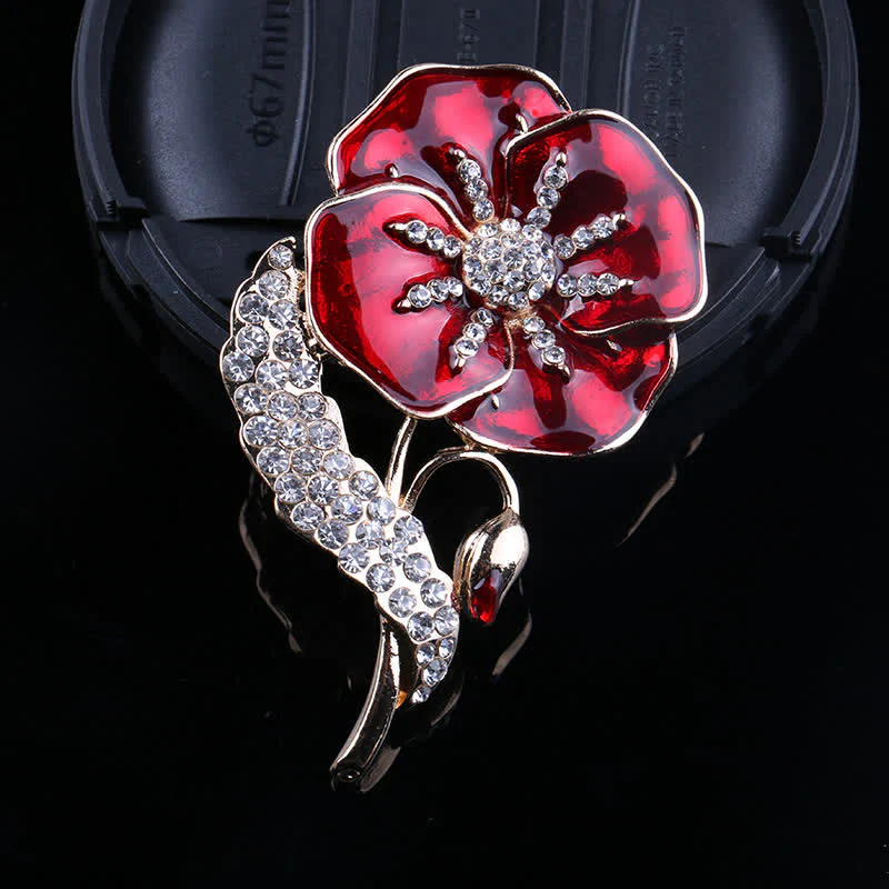 Unisex Rhinestone Poppy Memorial Day Brooch - Image 2