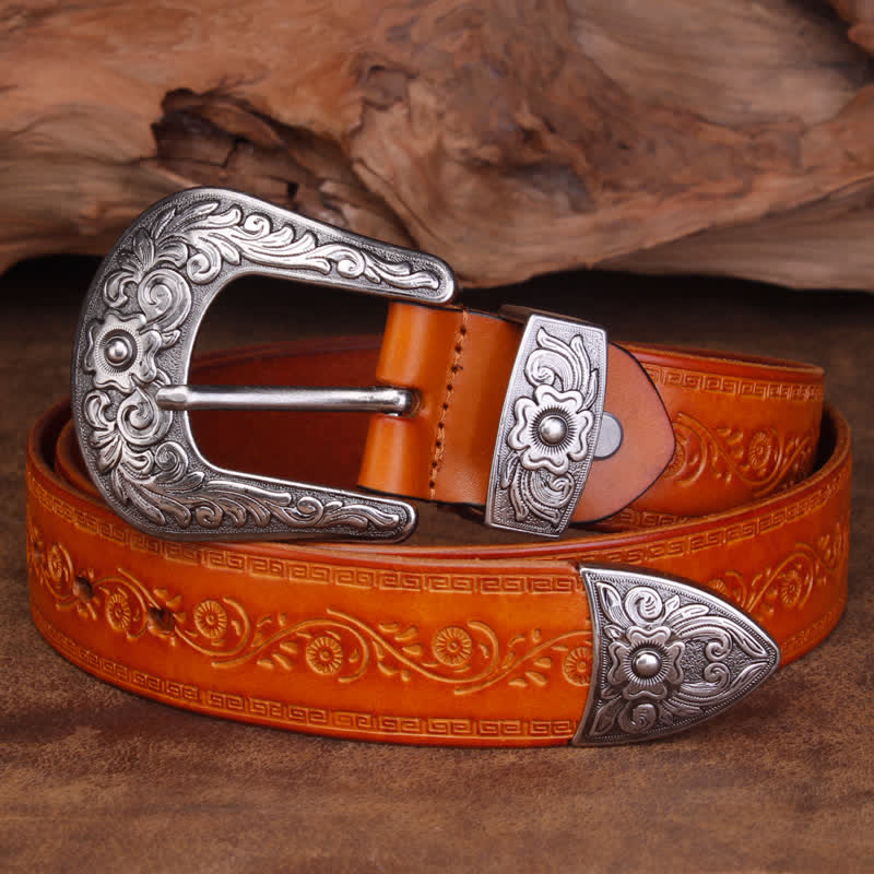 Unisex Rustic Texture Flower Printing Leather Belt - Image 15