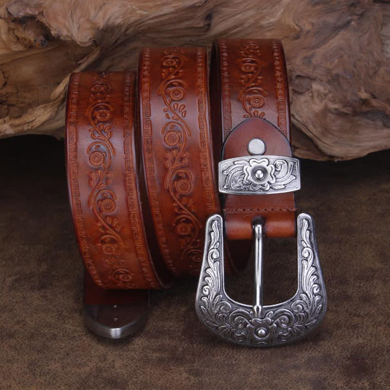 Unisex Rustic Texture Flower Printing Leather Belt - Image 2