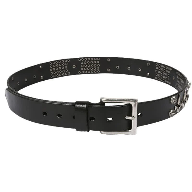 Unisex Skull Head Rivets Cross Studded Leather Belt - Image 6