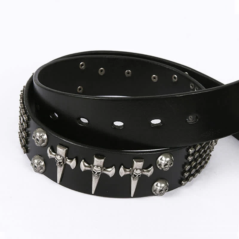 Unisex Skull Head Rivets Cross Studded Leather Belt - Image 7