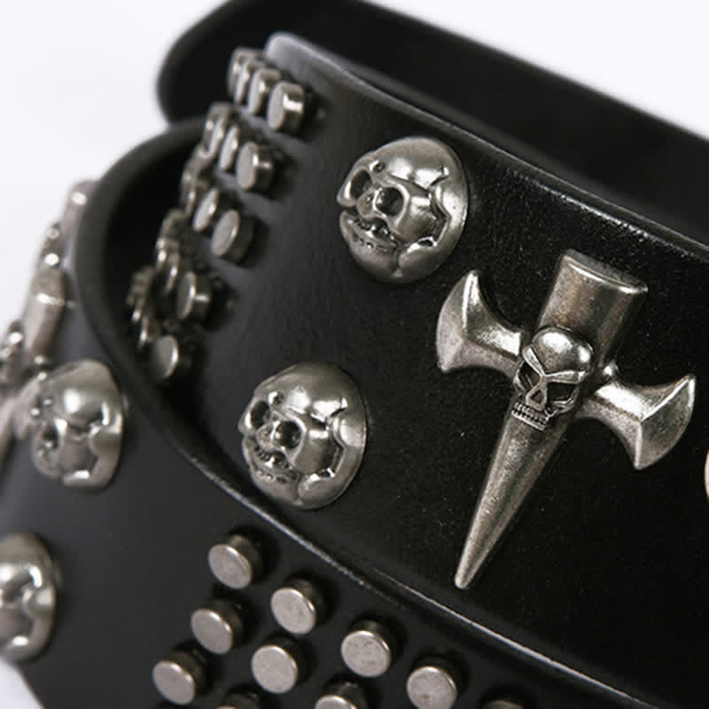 Unisex Skull Head Rivets Cross Studded Leather Belt - Image 8