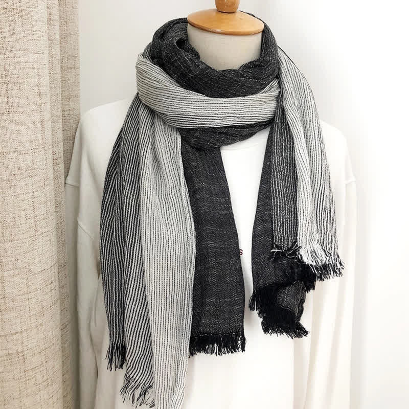 Unisex Striped Cotton Linen Spring Autumn Draped Scarf - Image 3