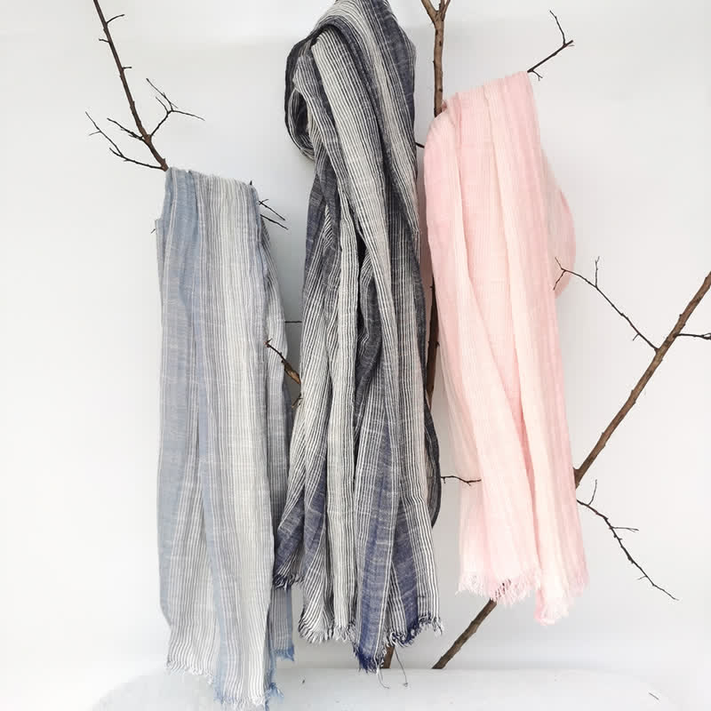 Unisex Striped Cotton Linen Spring Autumn Draped Scarf - Image 4