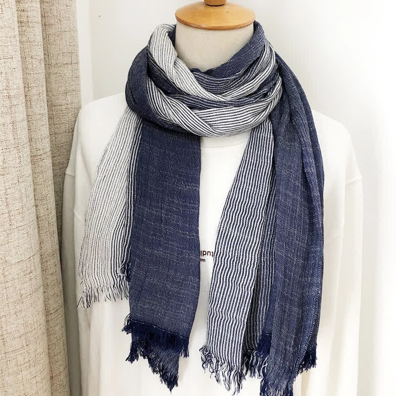 Unisex Striped Cotton Linen Spring Autumn Draped Scarf - Image 6