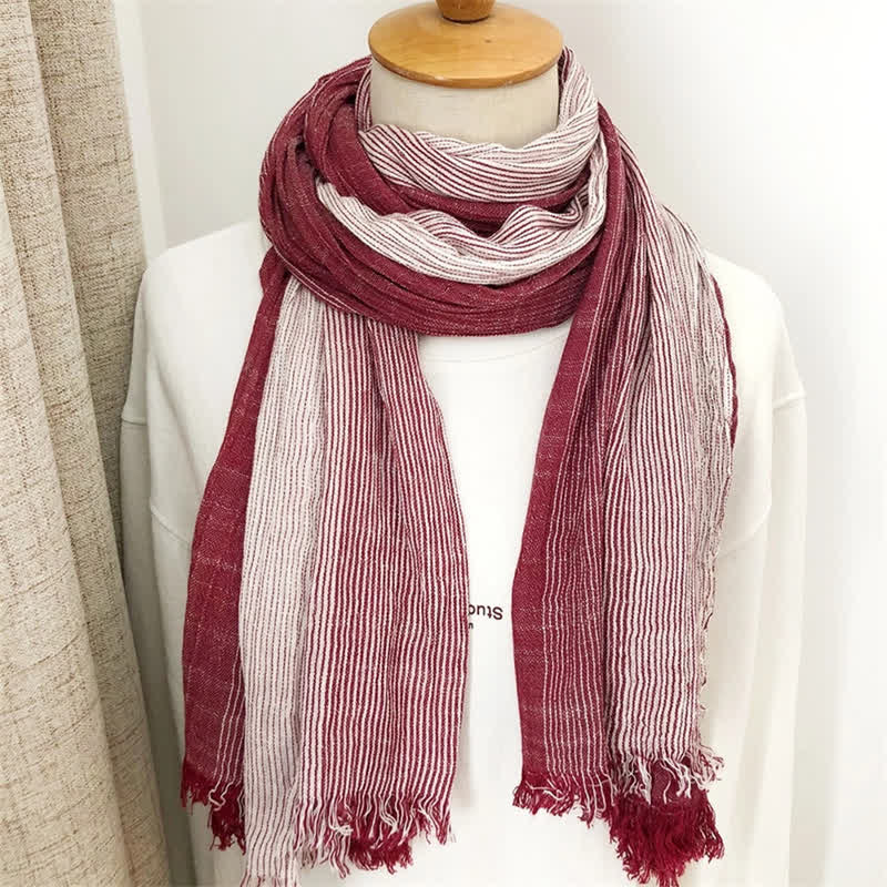 Unisex Striped Cotton Linen Spring Autumn Draped Scarf - Image 8