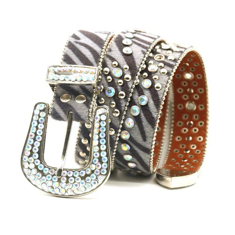 Unisex Unique Rhinestones Zebra Print Leather Belt - Image 2