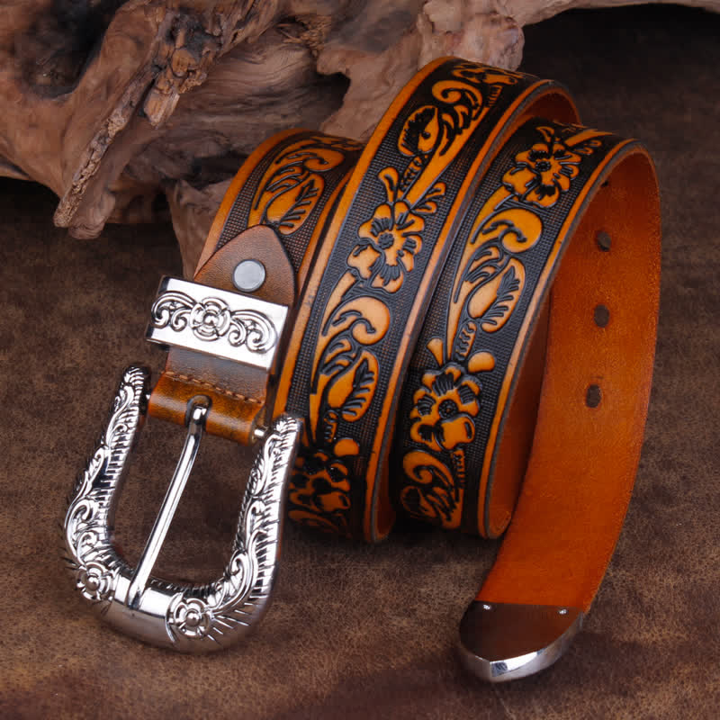 Unisex Vintage Small Rose Embossing Leather Belt - Image 10