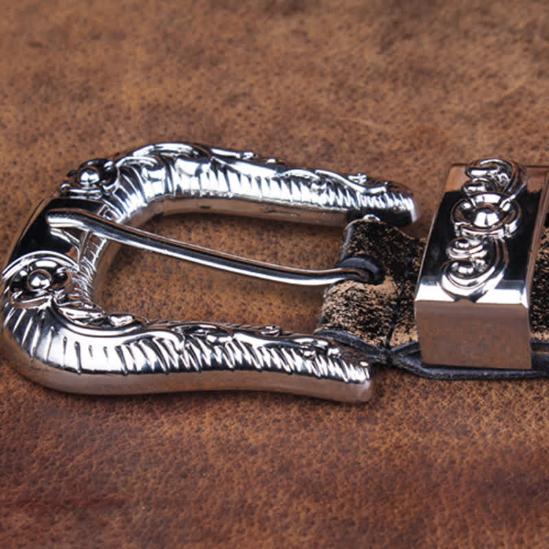 Unisex Vintage Small Rose Embossing Leather Belt - Image 3