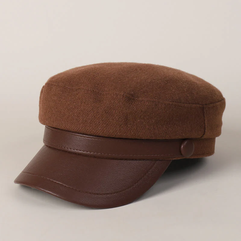 Unisex Winter Fashion PU Brim Flat Top Beret Hat