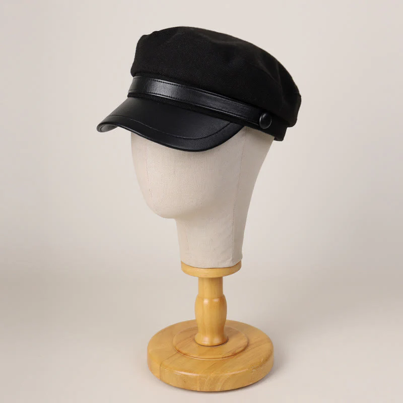 Unisex Winter Fashion PU Brim Flat Top Beret Hat - Image 2