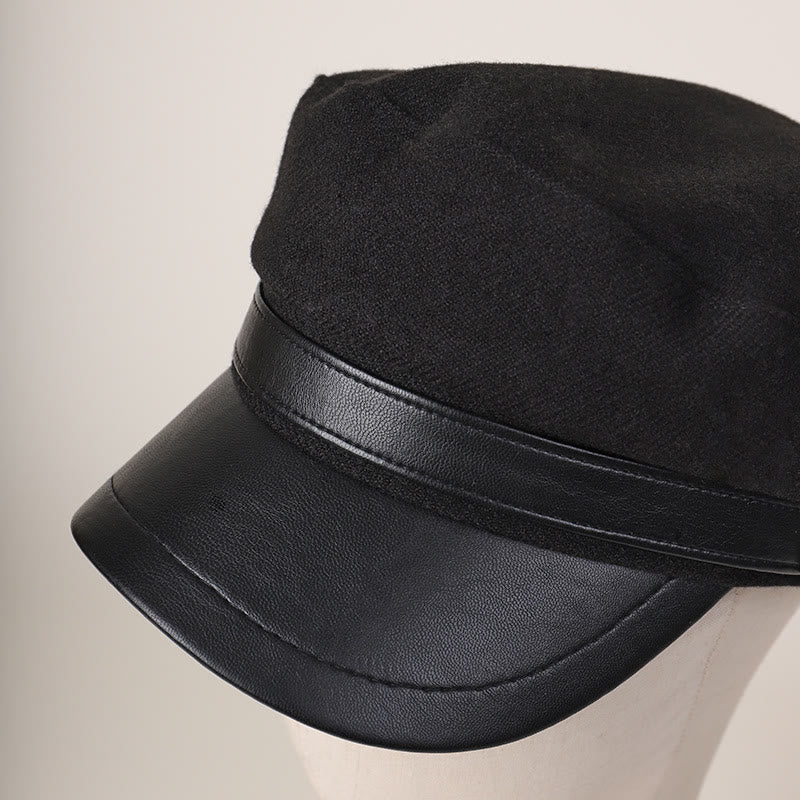 Unisex Winter Fashion PU Brim Flat Top Beret Hat - Image 3