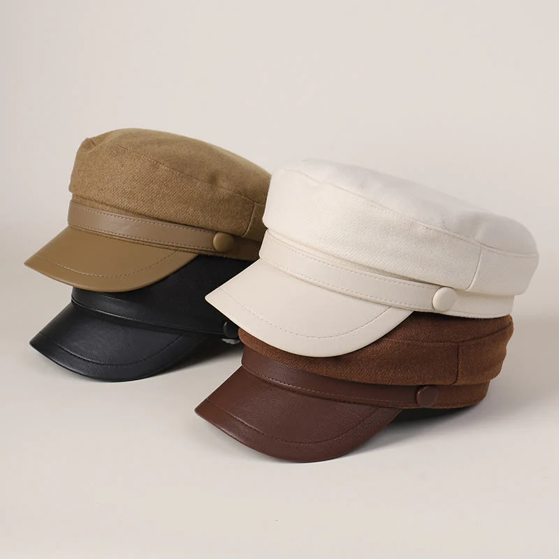Unisex Winter Fashion PU Brim Flat Top Beret Hat - Image 6