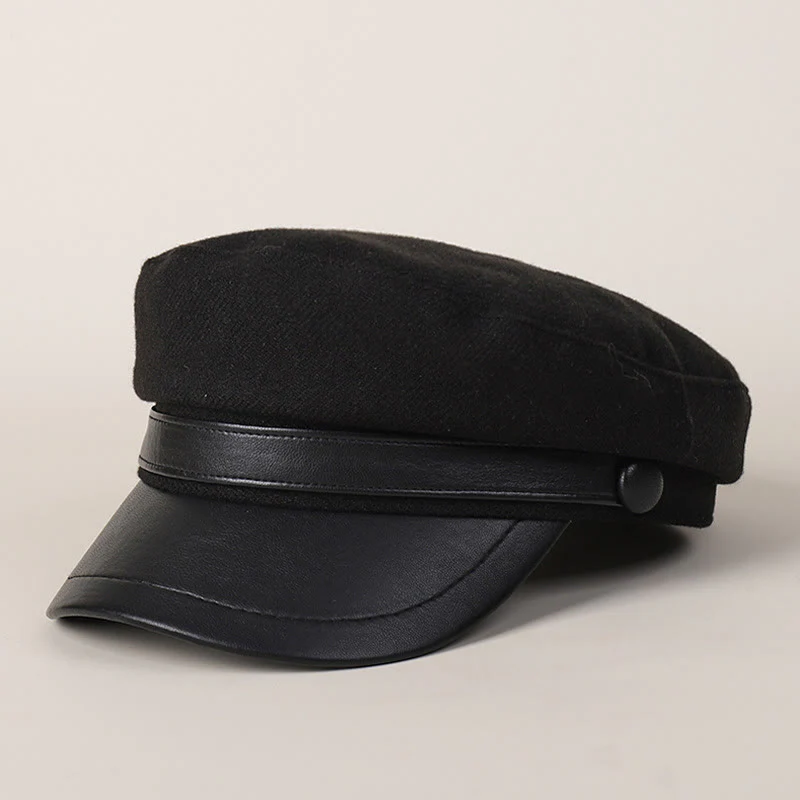Unisex Winter Fashion PU Brim Flat Top Beret Hat - Image 7