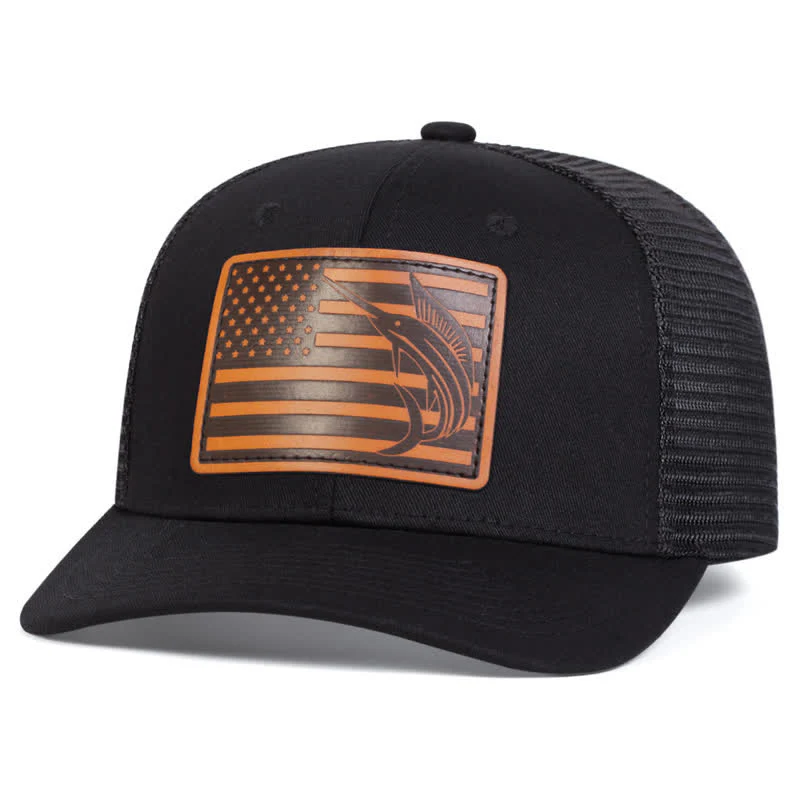 USA Flag Shark Leather Label Patch Trucker Hat - Image 2