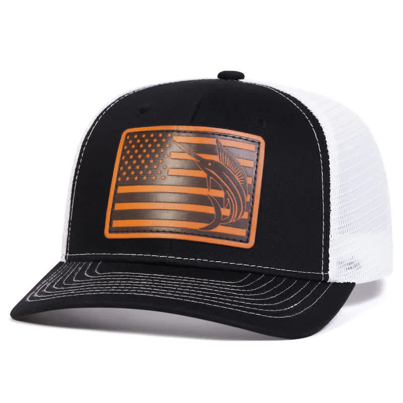USA Flag Shark Leather Label Patch Trucker Hat - Image 5