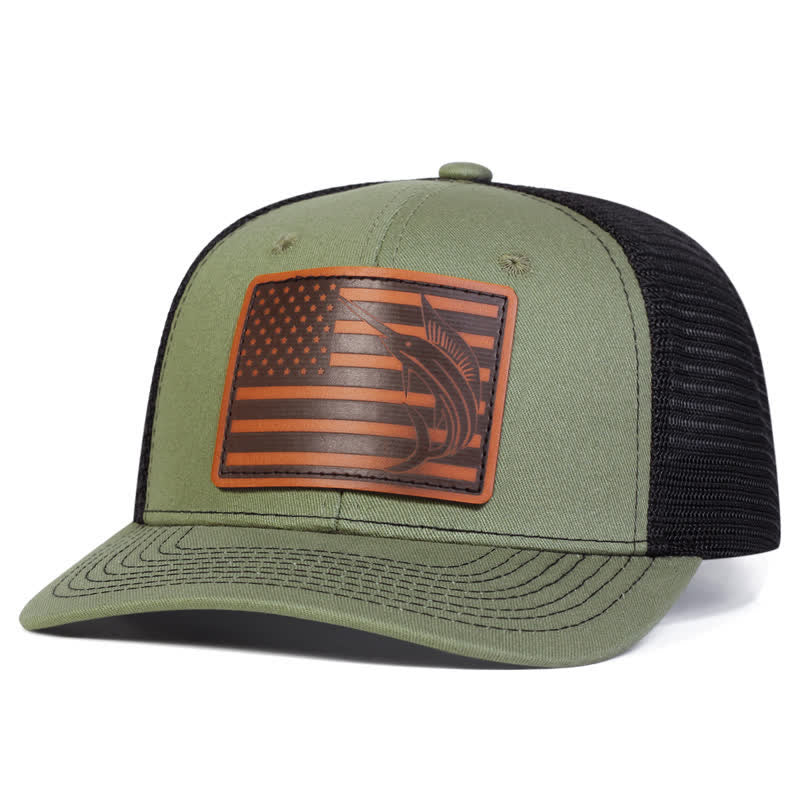 USA Flag Shark Leather Label Patch Trucker Hat - Image 7