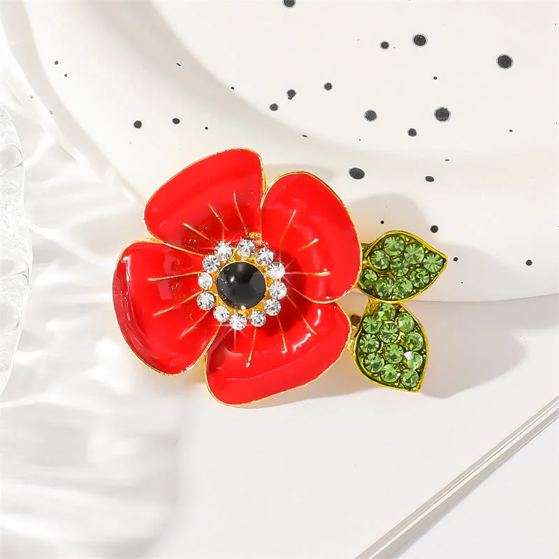Vibrant Red Poppy Glossy Petal Sparkling Crystal-Adorned Leaf Gold Rim Brooch