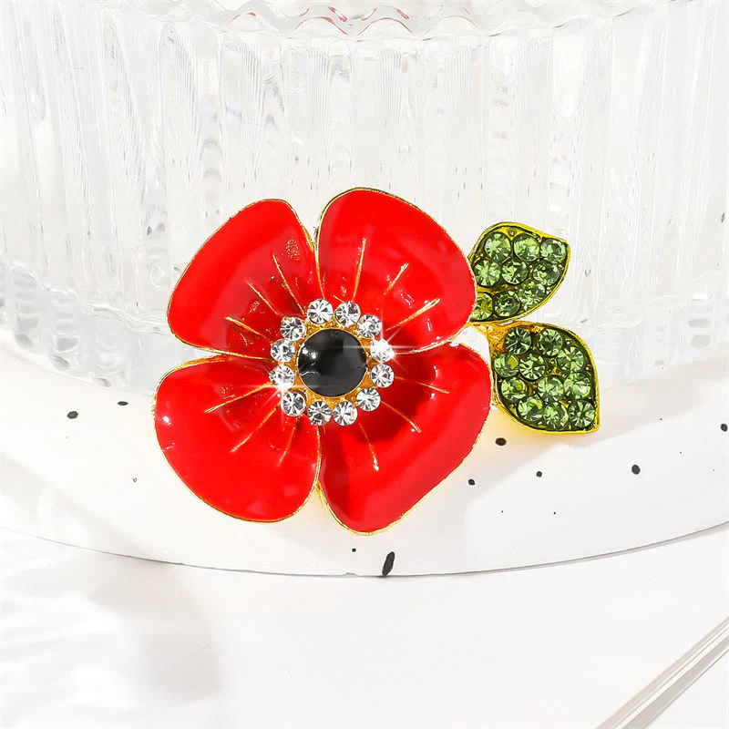 Vibrant Red Poppy Glossy Petal Sparkling Crystal-Adorned Leaf Gold Rim Brooch - Image 3