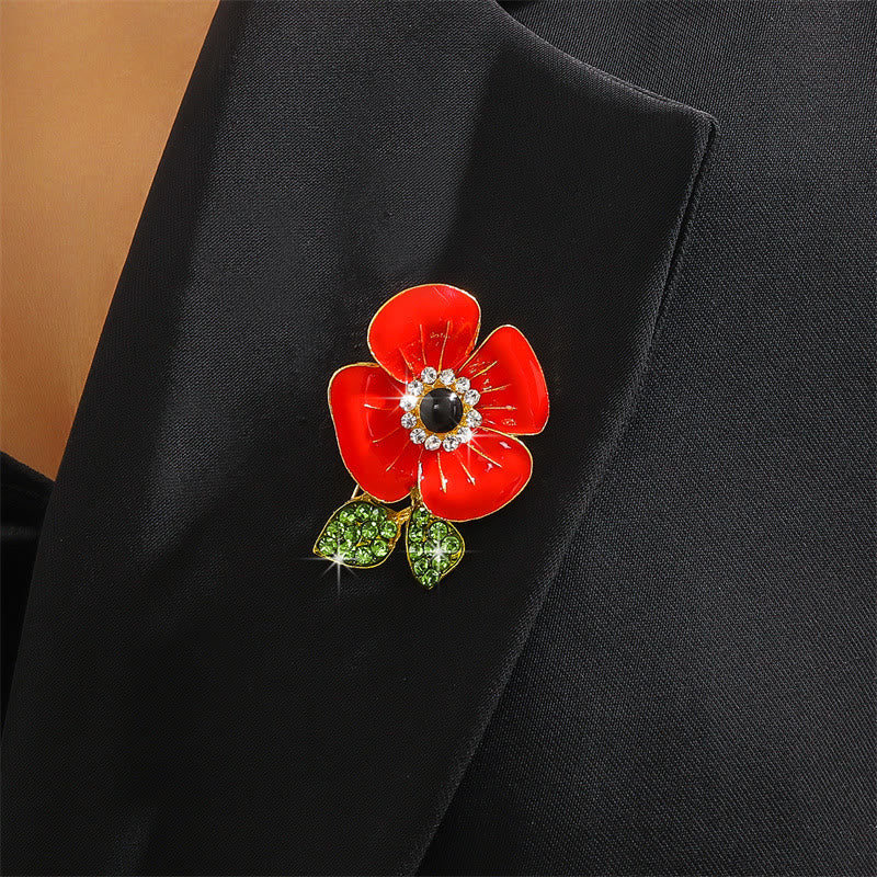 Vibrant Red Poppy Glossy Petal Sparkling Crystal-Adorned Leaf Gold Rim Brooch - Image 4