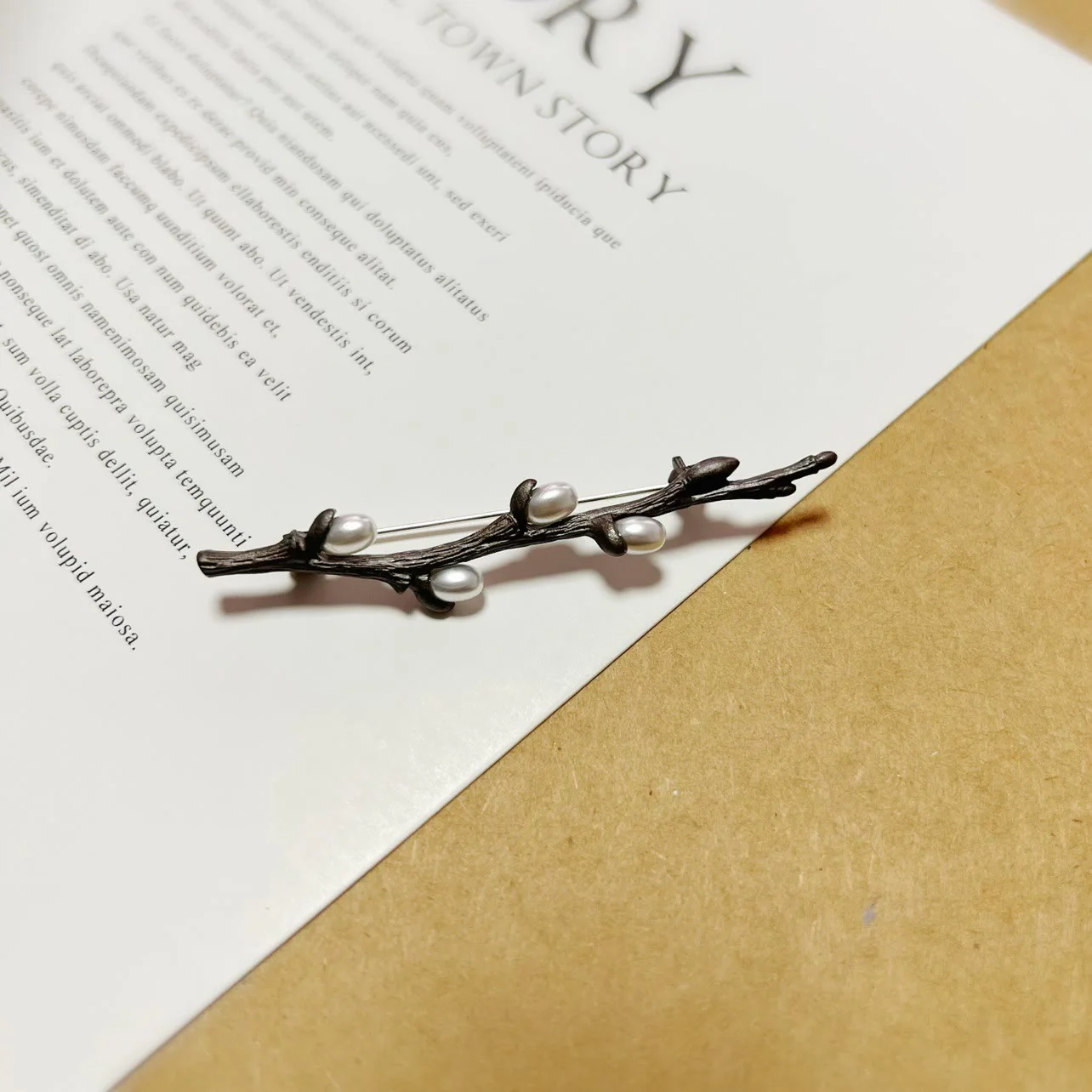 Vintage Branch Brooch Wood Pearl Alloy Pin - Image 6