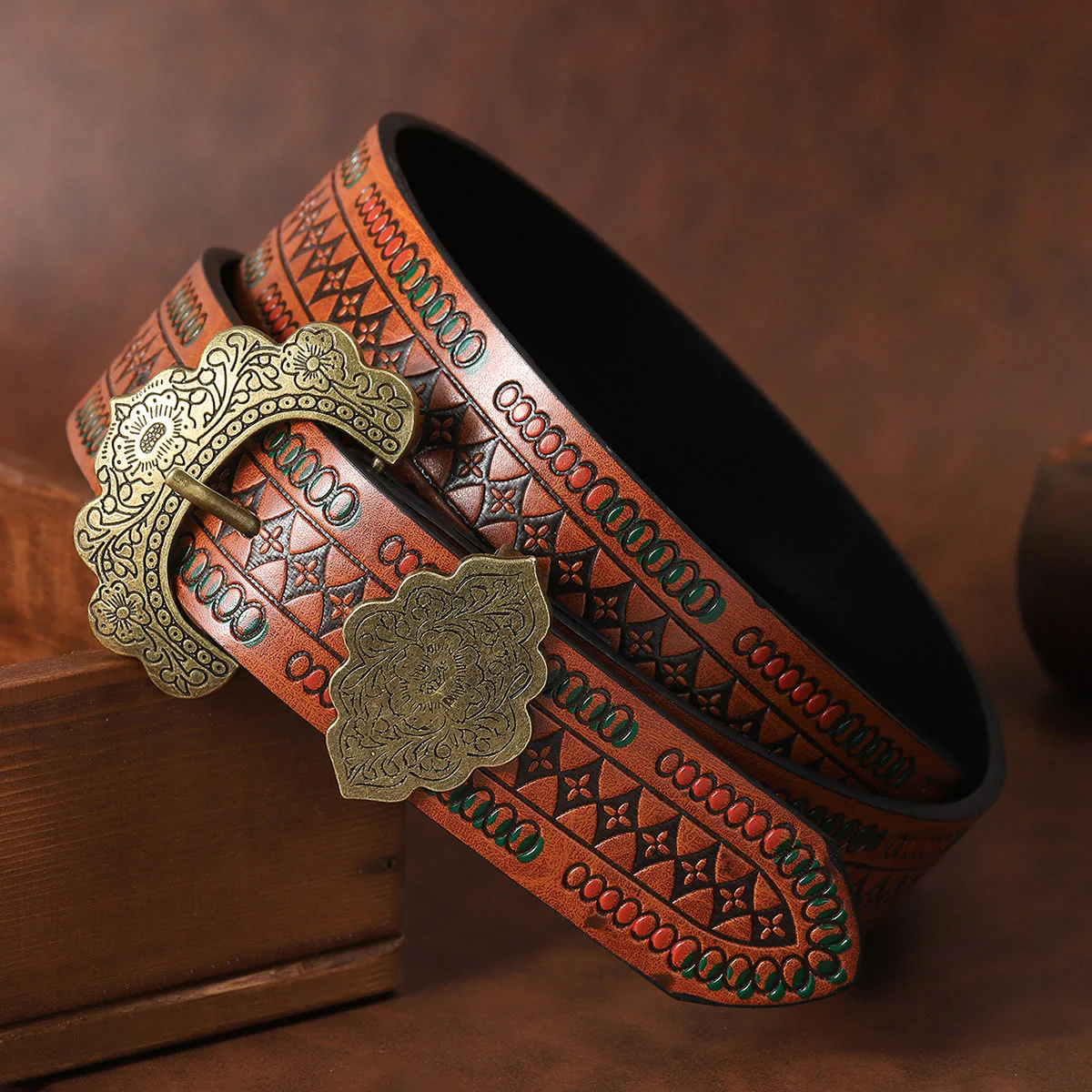 Vintage Brass Floral Carved Buckle Brown Geometric Patterned Leather Belt - Image 3