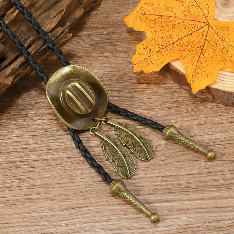 Vintage Bronze Cowboy Hat Shape Pendant Bolo Tie - Image 5