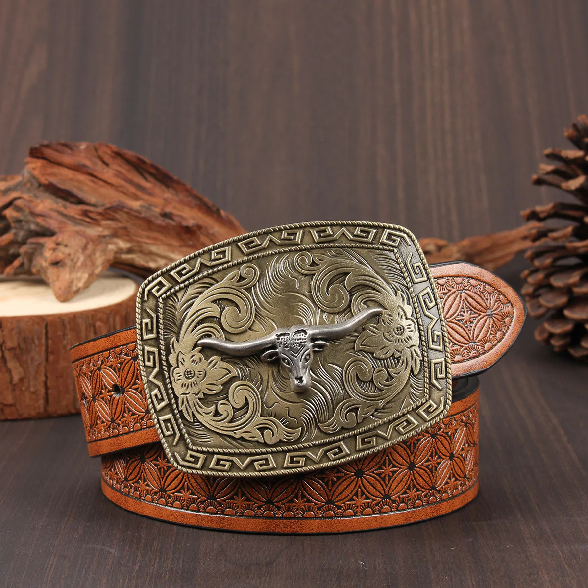 Vintage Bronze Longhorned Bullhead Buckle Embossed Leather Belt - Image 3