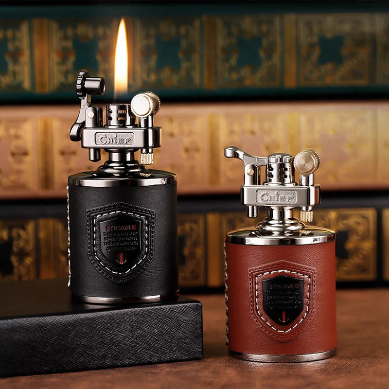Vintage Can Shaped Leather Wrapped Kerosene Lighter