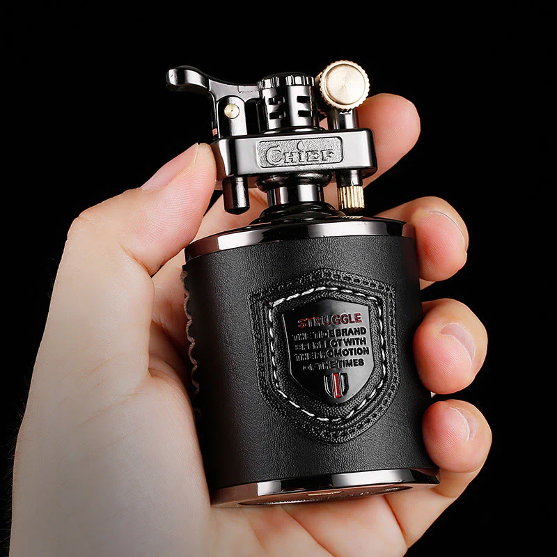 Vintage Can Shaped Leather Wrapped Kerosene Lighter - Image 2