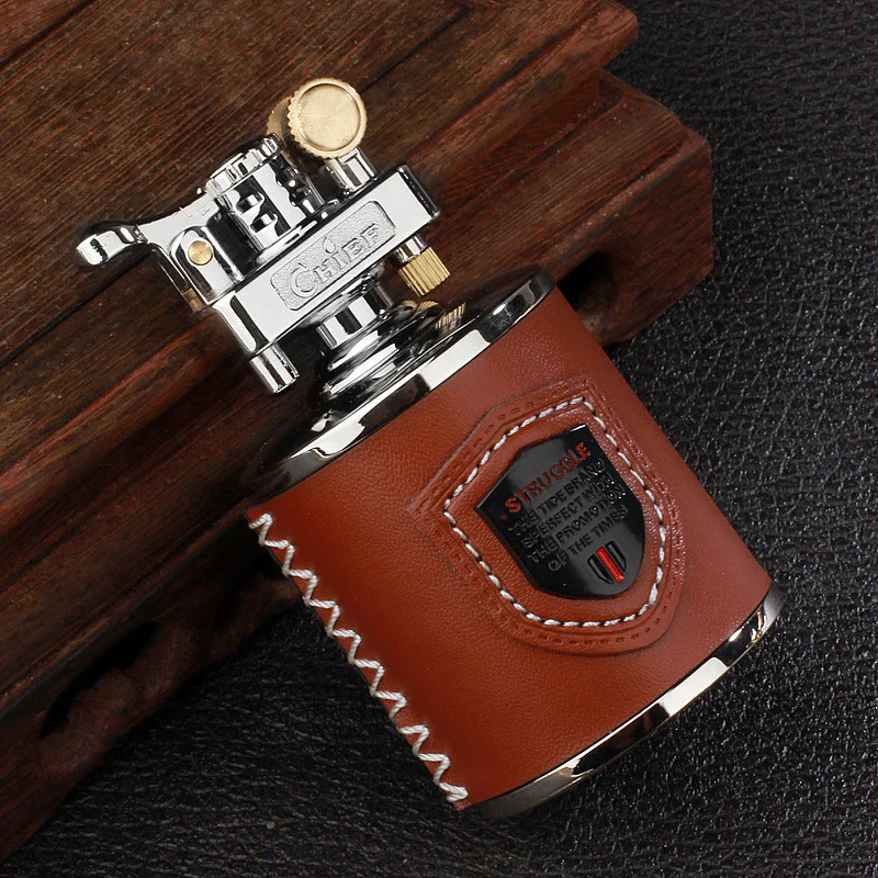 Vintage Can Shaped Leather Wrapped Kerosene Lighter - Image 6