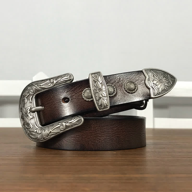Vintage Carved Flower Buckle Rivet Studded Leather Belt - Image 13