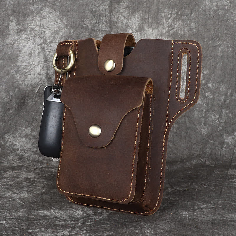 Vintage Cell Phone Holder Leather Hanging Waist Belt Bag with Keychain - Image 3