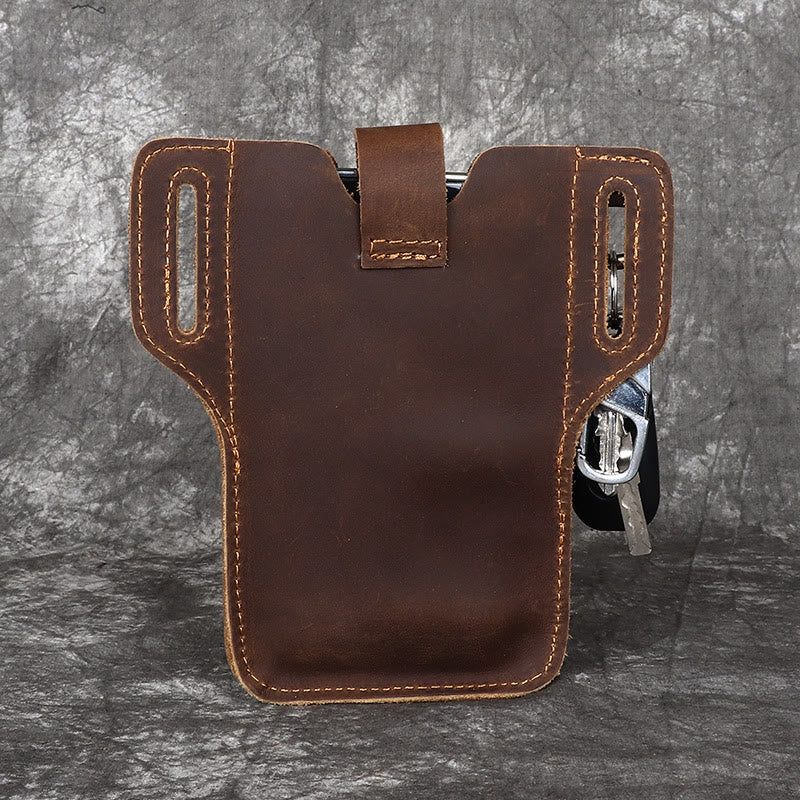 Vintage Cell Phone Holder Leather Hanging Waist Belt Bag with Keychain - Image 4