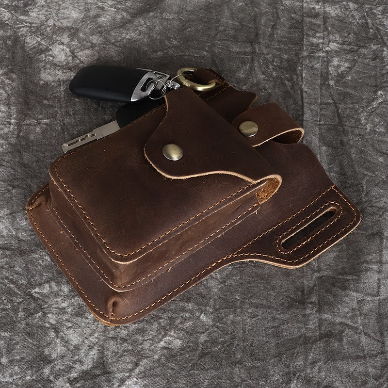 Vintage Cell Phone Holder Leather Hanging Waist Belt Bag with Keychain - Image 5