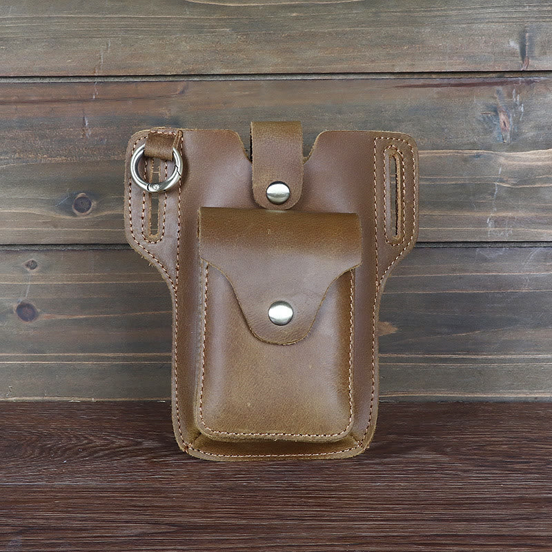 Vintage Cell Phone Holder Leather Hanging Waist Belt Bag with Keychain - Image 7