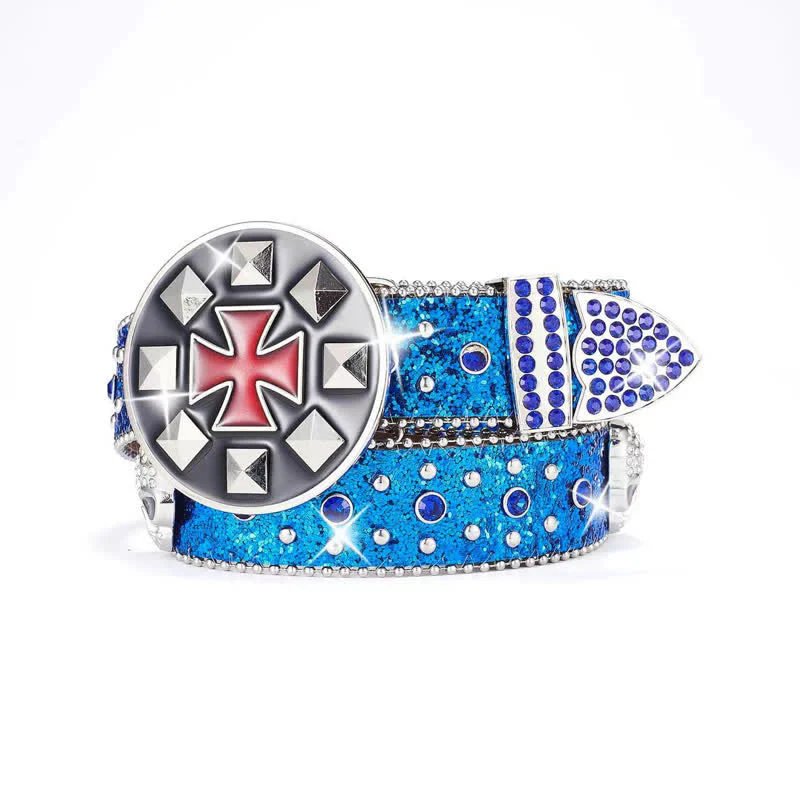 Vintage Cross Buckle Rhinestone Skull Studded Leather Belt - Image 3