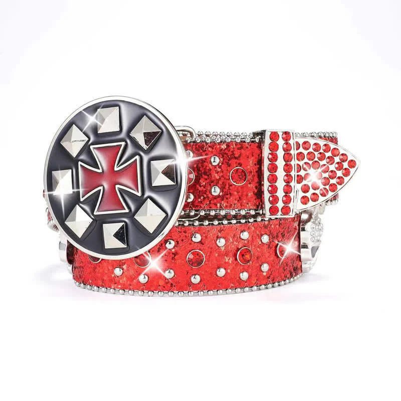 Vintage Cross Buckle Rhinestone Skull Studded Leather Belt - Image 4