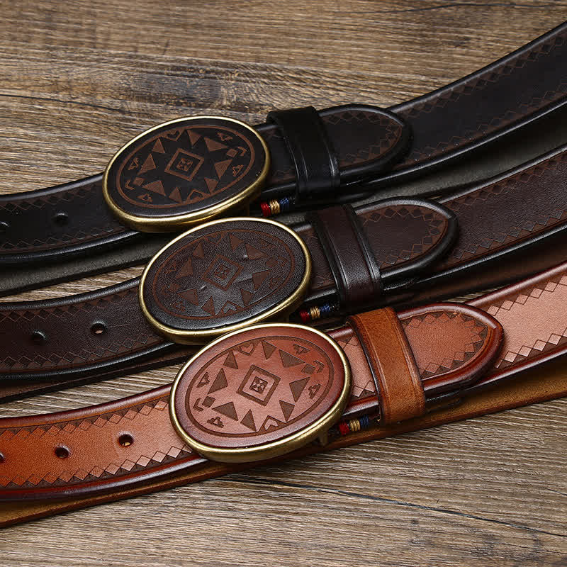 Vintage Engraved Pattern Thick Genuine Leather Belt - Image 2