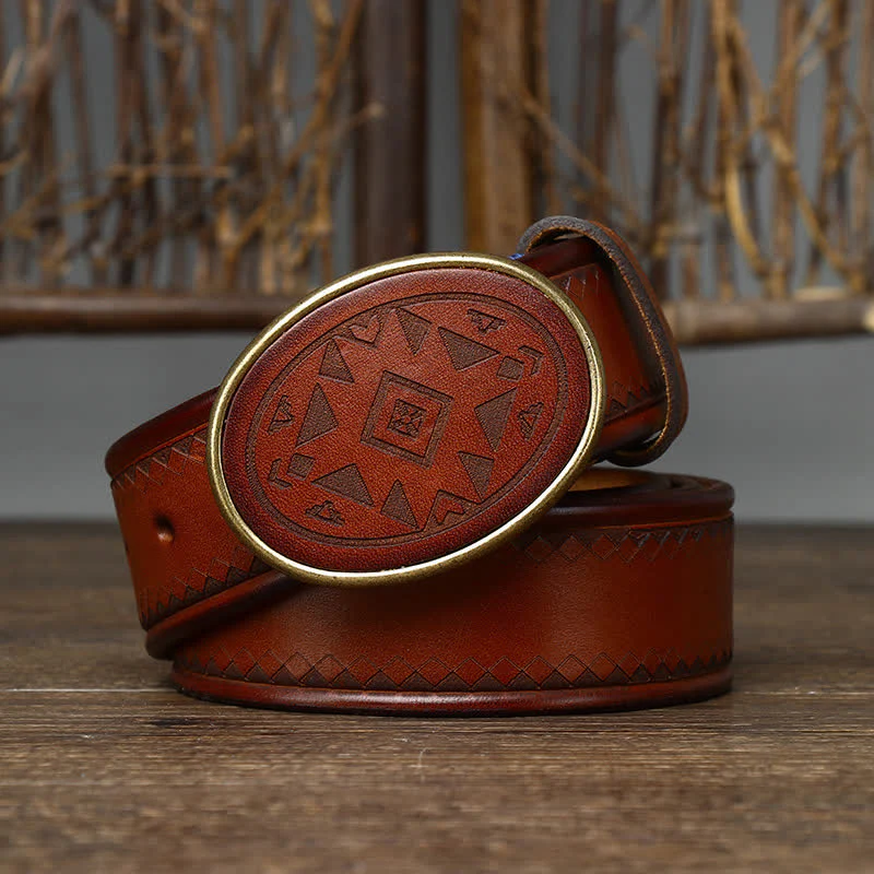 Vintage Engraved Pattern Thick Genuine Leather Belt - Image 3